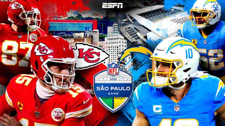 Foto de capa mostrando uma arte da partida entre Kansas City Chiefs e Los Angeles Chargers no jogo da NFL no Brasil