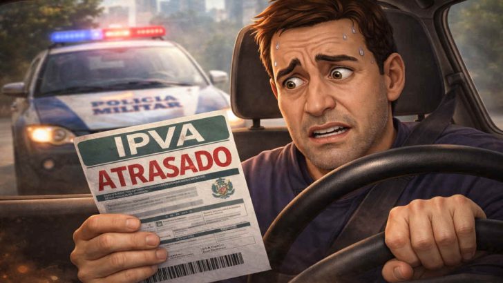 Arte demostrando um motorista preocupado com o IPVA atrasado